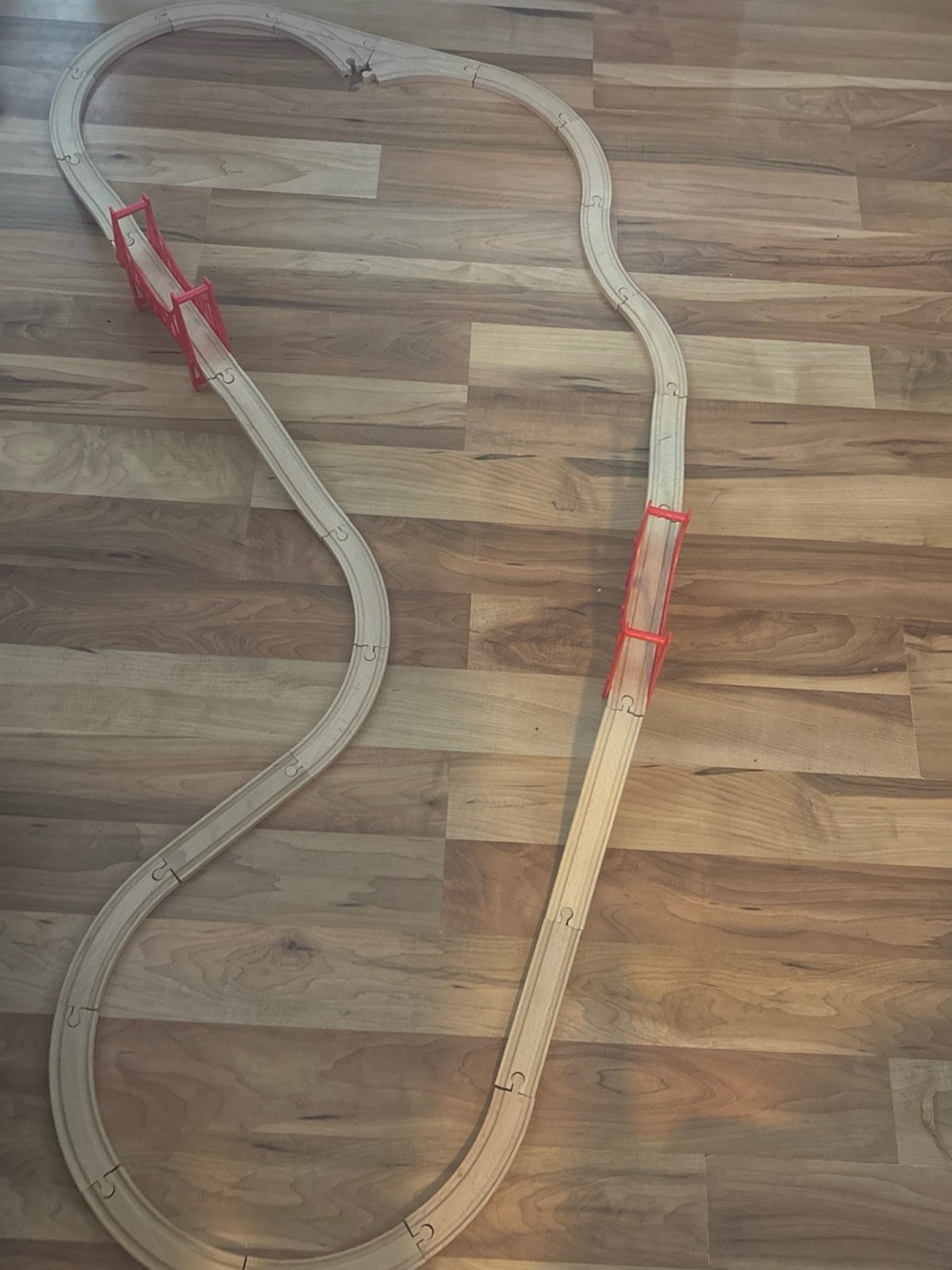 Red Wooden Toy Train Bridge with Track Pieces - Picture 3 of 5